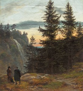 Two Men before a Waterfall at Sunset