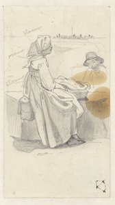 Frau im Profil, auf einer Mauer ruhend, auf der ein Korb steht