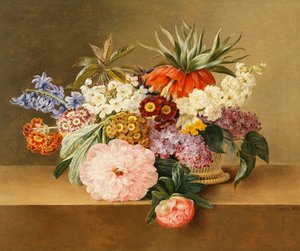 Iris, Lilac, Primulae, Blossom and Peonies in a Basket by Johan Laurents Jensen