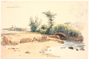 Partially Dried Riverbed with Bridge, Above Two Pen Studies of a Girl Seen from Behind