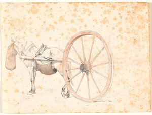 Detailed Study of a Cart Horse with Nosebag, Only the Shaft and a Very Large Wheel of the Cart are Visible