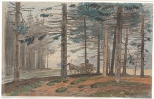 Pine Forest with Road, on which a Horse-Drawn Wagon with a Load of Firewood is Driving. In the Background a Clearing in the Forest by Johan Thomas Lundbye