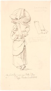 Italian Woman with Her Child on Her Arm and Its Cradle on Her Head. Right: Study of Her Headdress by Johan Thomas Lundbye