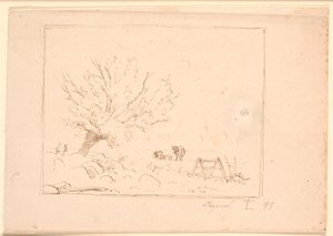 Landscape with a Willow Tree by Large Stones, a Rooster, a Plow, and Three Cows by Johan Thomas Lundbye