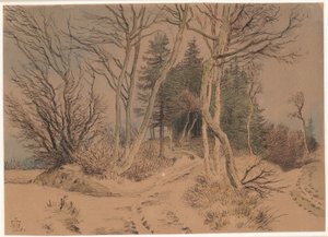 Snow-covered Roads between Spruces and Bare Trees by Johan Thomas Lundbye