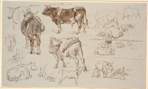 Study Sheet from Vognserup. Studies of Cows, Bulls, and Calves. Two Landscape Studies on the Right, the Upper with Lying Cows, the Lower with Milking Scene by Johan Thomas Lundbye