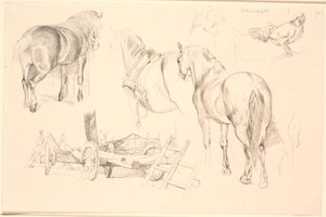 Study Sheet with Horses, Farm Tools, and a Hen on Its Perch by Johan Thomas Lundbye
