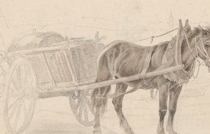 A Cart Drawn by a Brown Horse Near a Lamp Pole, Verso: A Group of Mounted Officers by Johann Adam Klein