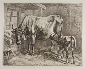 Cow with Suckling Calf by Johann Adam Klein