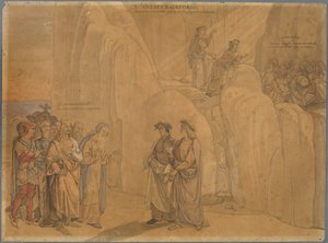 Dante, reaching a rock wall, meets Manfred, the former King of Apulia and Sicily, who reveals himself and shares various things; above on the rock, they see the excommunicated doing penance