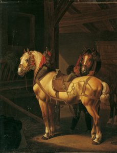 Two Draft Horses in the Stable by Johann Baptist Michael Dallinger von Dalling