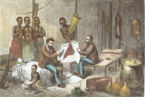 Dr. David Livingstone and Mr. Henry Morton Stanley Receiving Newspapers in Central Africa, engraved by Pearson