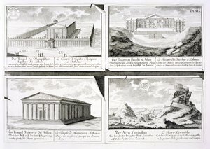 Views of four Classical Buildings: The Temple of Olympian Zeus, the Theatre of Dionysus in Athens, the Temple of Athena in Athens and a Temple in Corinth, from Entwurf einer historischen Architektur by Johann Bernhard Fischer von Erlach