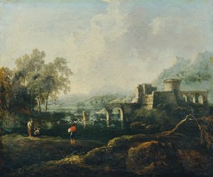 Ideal Landscape with River and Bridge Ruin (The Morning) by Johann Christian Brand