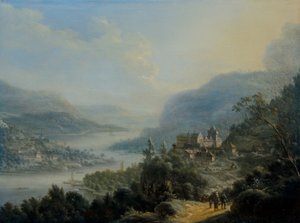 An Extensive Rhenish Landscape with Travellers on a Road by a Castle