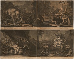 Ca. 1770 Allegorical Mezzotints of Africa, Asia, America and Europe on One Page by Johann Elias Ridinger