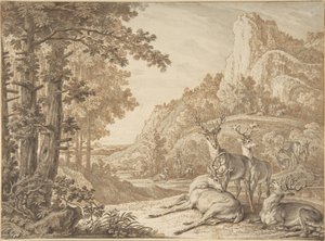 Stags in a Landscape by Johann Elias Ridinger