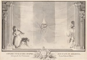 Two Actors Peeking through a Theater Curtain while Others Prepare the Footlights