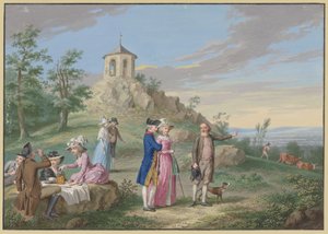 A Company of Ladies and Gentlemen Resting Outdoors at the Foot of a Hill with a Small Temple, a Guide Showing the Landscape to a Young Couple by Johann Friedrich August Tischbein