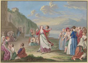 Italian Country People Entertaining Themselves with Games and Dancing on the Lakeshore, High Mountains in the Background by Johann Friedrich August Tischbein
