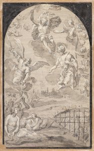 Saint interceding with Christ not to hurl the thunderbolt on the city of Augsburg by Johann Georg Melchior (1625 1705) Schmittner