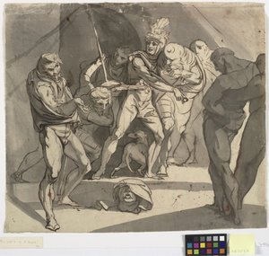 Richard Plantagenet Throws the Severed Head of the Duke of Somerset at the Feet of His Father. Illustration for Shakespeare