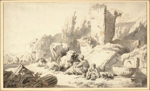A drover with his family and cattle beside classical ruins