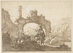 Two Shepherds Driving Their Cattle through a River