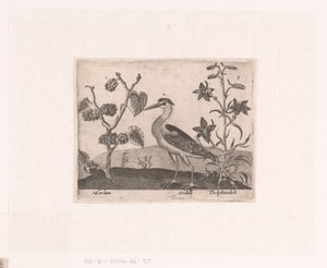 Series of Prints with Flowers and Animals in a Landscape (Landscape with Heron and Larkspur) (Landscapes with Animals, Plants, and Flowers) by Johann Hogenberg
