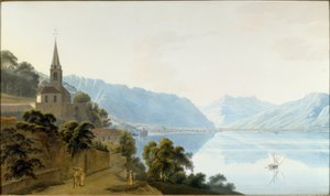 The Church of Les Planches, Chillon, Villeneuve and the Dents du Midi by Johann Jakob Wetzel