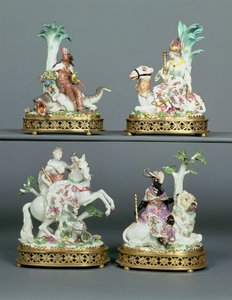 Four Meissen groups representing the Four Continents mounted with Louis XVI ormolu, modelled by Johann Joachim Kandler, mid 18th century