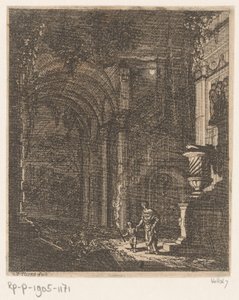 Two Figures Illuminating Ancient Ruins with a Torch (Ancient Ruins and Buildings series) by Johann Oswald Harms