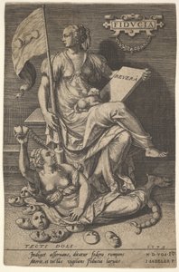 Fiducia, a Seated Woman Holds a Book and Banner While Turning Her Head Away from a Bare Branch, 1579 by Johann Sadeler I