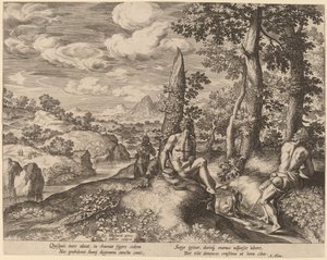 Landscape with Three Nude Men and a Dog by Johann Sadeler I