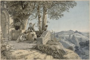 Rocky Landscape, Foreground a Young Woman with Three Children and a Dog in Front of a Romanesque Portal by Johann Wilhelm Schirmer