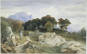 Italian Forest and Mountain Landscape, a Rider and Three Men by the Fire by Johann Wilhelm Schirmer