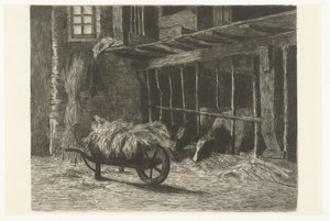 Interior of Stable with Cows and Wheelbarrow with Hay
