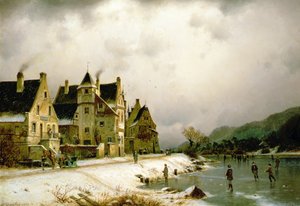 A Winter River Landscape with Figures Skating on the Ice by a Village