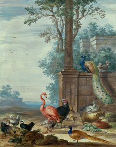An Italianate Landscape with a Peacock, Pheasant, Flamingo and Other Fowl by Johannes Bronckhorst