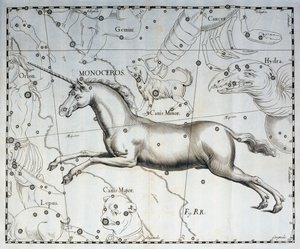 Monoceros, Constellation of Unicorn, Engraving from the Celestial Atlas Firmamentum Sobiescianum sive Uronographia by Johannes Hevelius