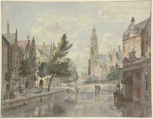 Stone Bridge over a Canal, Cathedral in the Background, Lantern on the Right by Johannes Huibert Prins