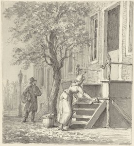 A Maid Cleaning Steps in Front of a House by Johannes Jelgerhuis