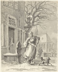 A Maid Clearing Snow in Front of a House