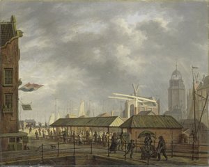 The Small Fish Market on the Corner of the Brouwersgracht and Singel, Amsterdam by Johannes Jelgerhuis