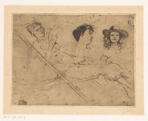 Study of a Woman in a Deck Chair and Two Heads by Johannes Löhr