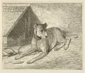 Dog on a Chain by a Kennel