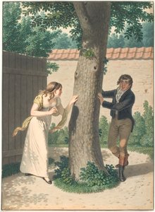 Young Man and Girl Playing Hide and Seek by Johannes Senn