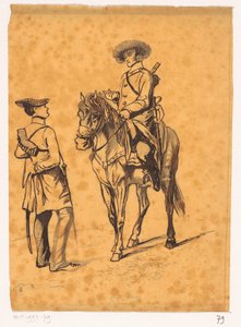 Officer on Horseback Talking to a Soldier