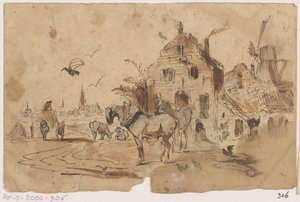 Unhitched Horses in Front of a House by Johannes Tavenraat