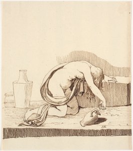 Naked Woman Bent Forward (Drunk) with Empty Wine Jug by Johannes Wiedewelt